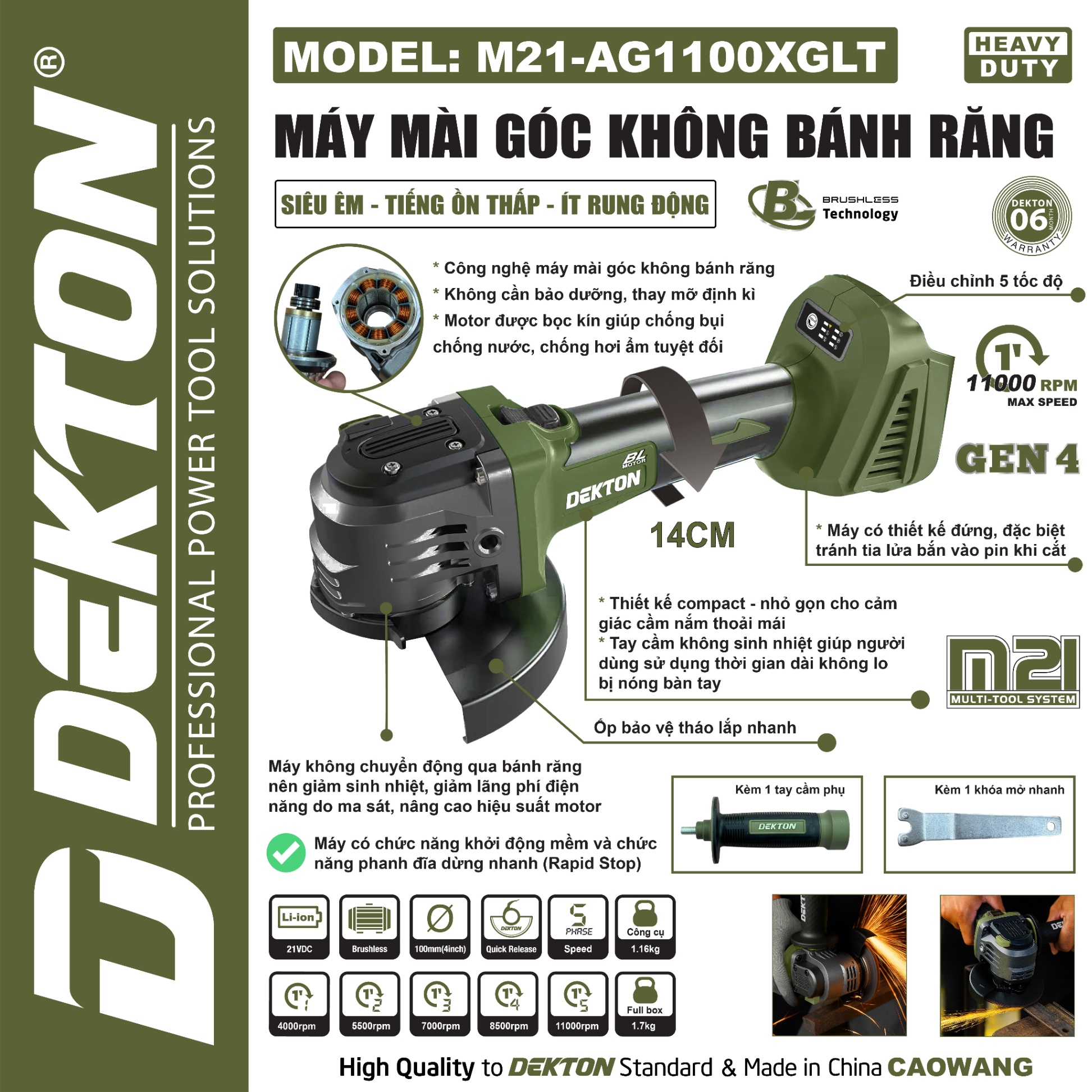 Thân máy mài góc dùng pin 21V Dekton M21-AG1100XGLT (Không Bánh Răng)