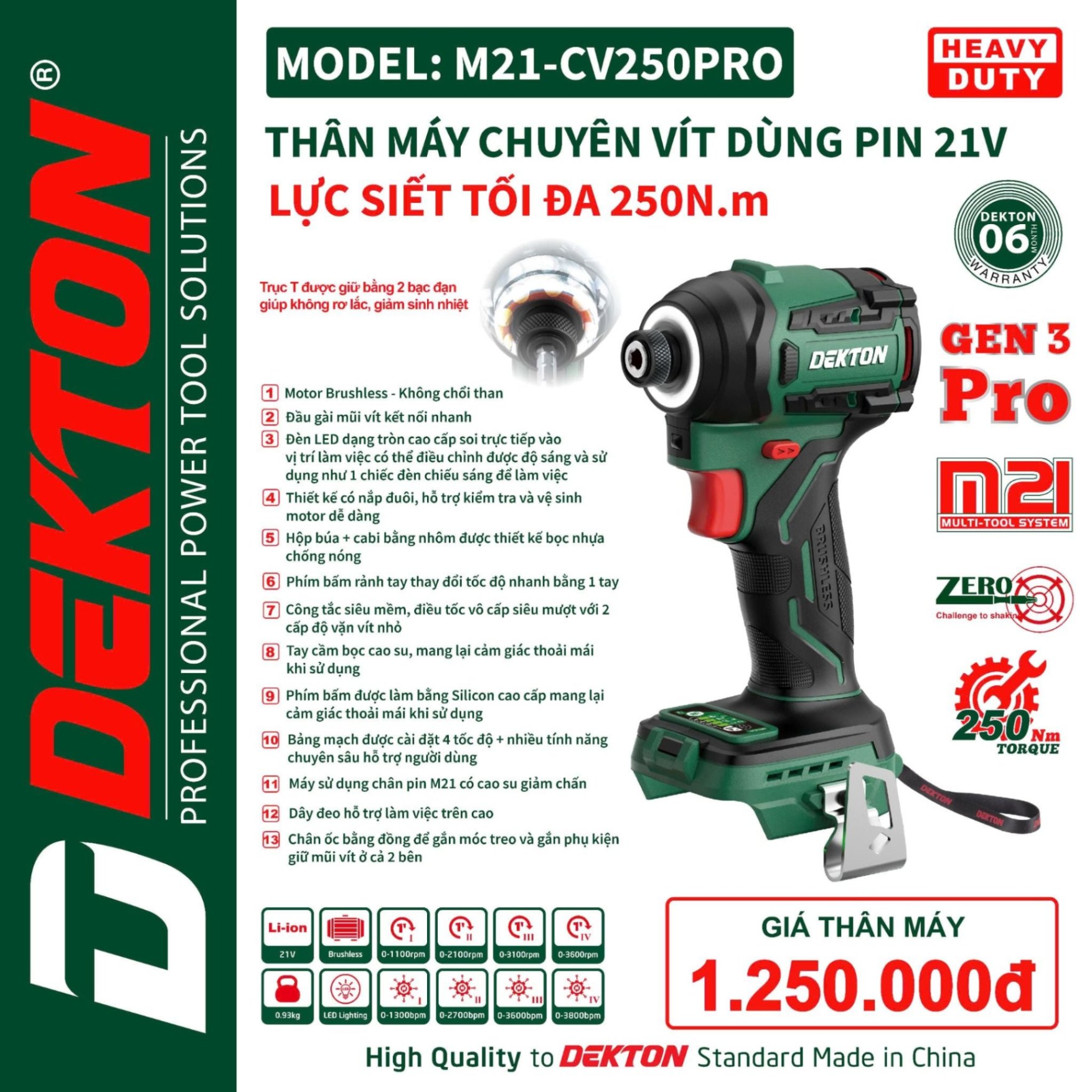 THÂN MÁY CHUYÊN VÍT 250NM DÙNG PIN 21V DEKTON M21-CV250XPRO (CHƯA PIN, SẠC)
