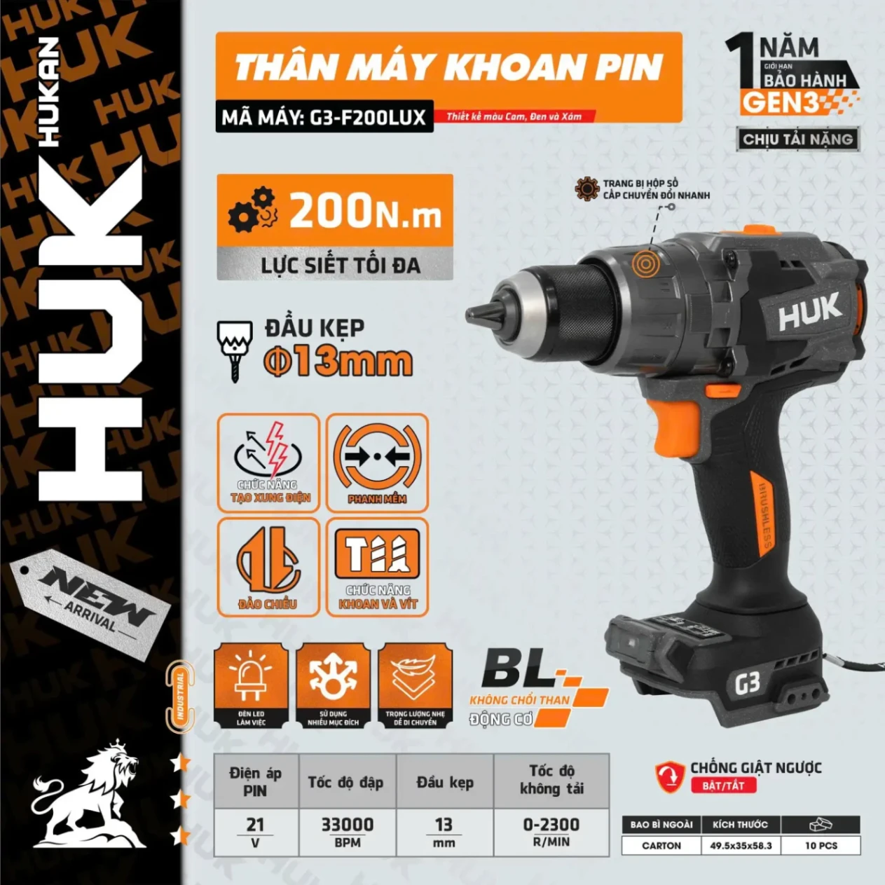 THÂN MÁY KHOAN PIN HK-G3-F200LUX (CHƯA PIN, SẠC)
