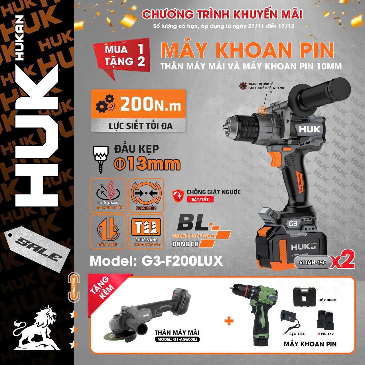 BỘ MÁY KHOAN PIN HUKAN HK-G3-F200LUX (2 PIN 6.0AH * 1 SẠC)