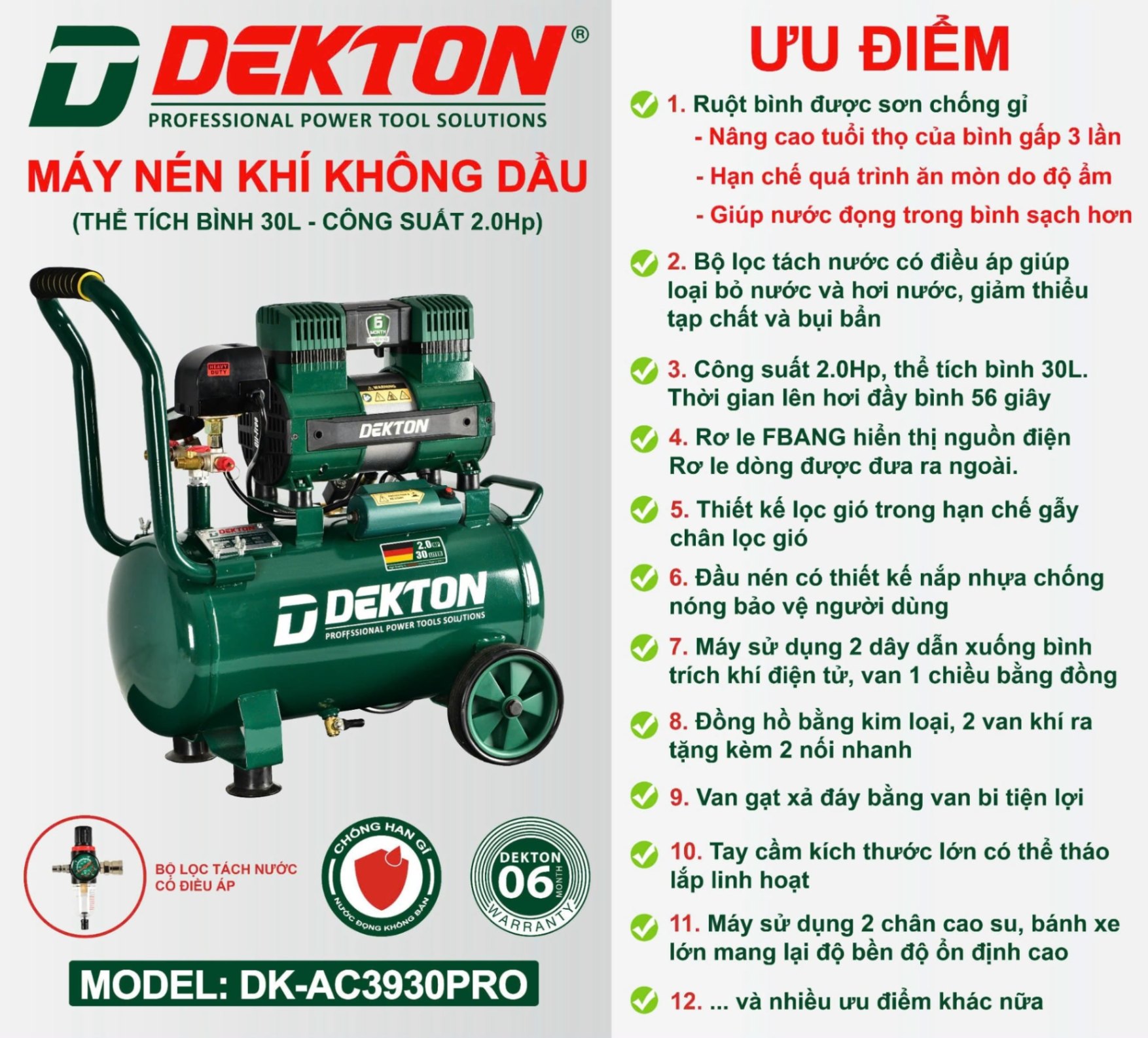 MÁY NÉN KHÍ KHÔNG DẦU 30L DEKTON DK-AC3930PRO