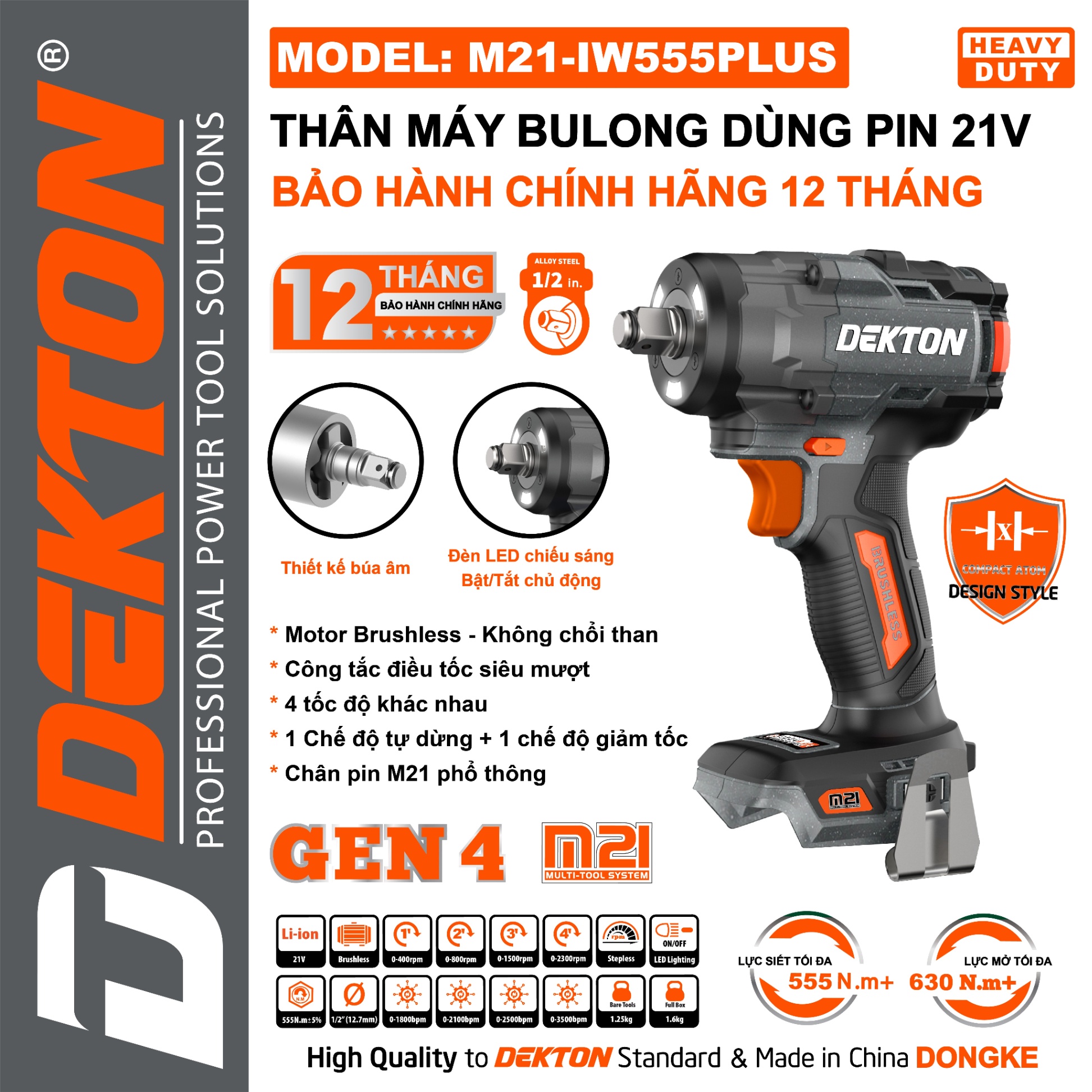 THÂN MÁY BULONG DÙNG PIN 21V M21-IW555PLUS (XÁM, XANH, OLIU) DEKTON