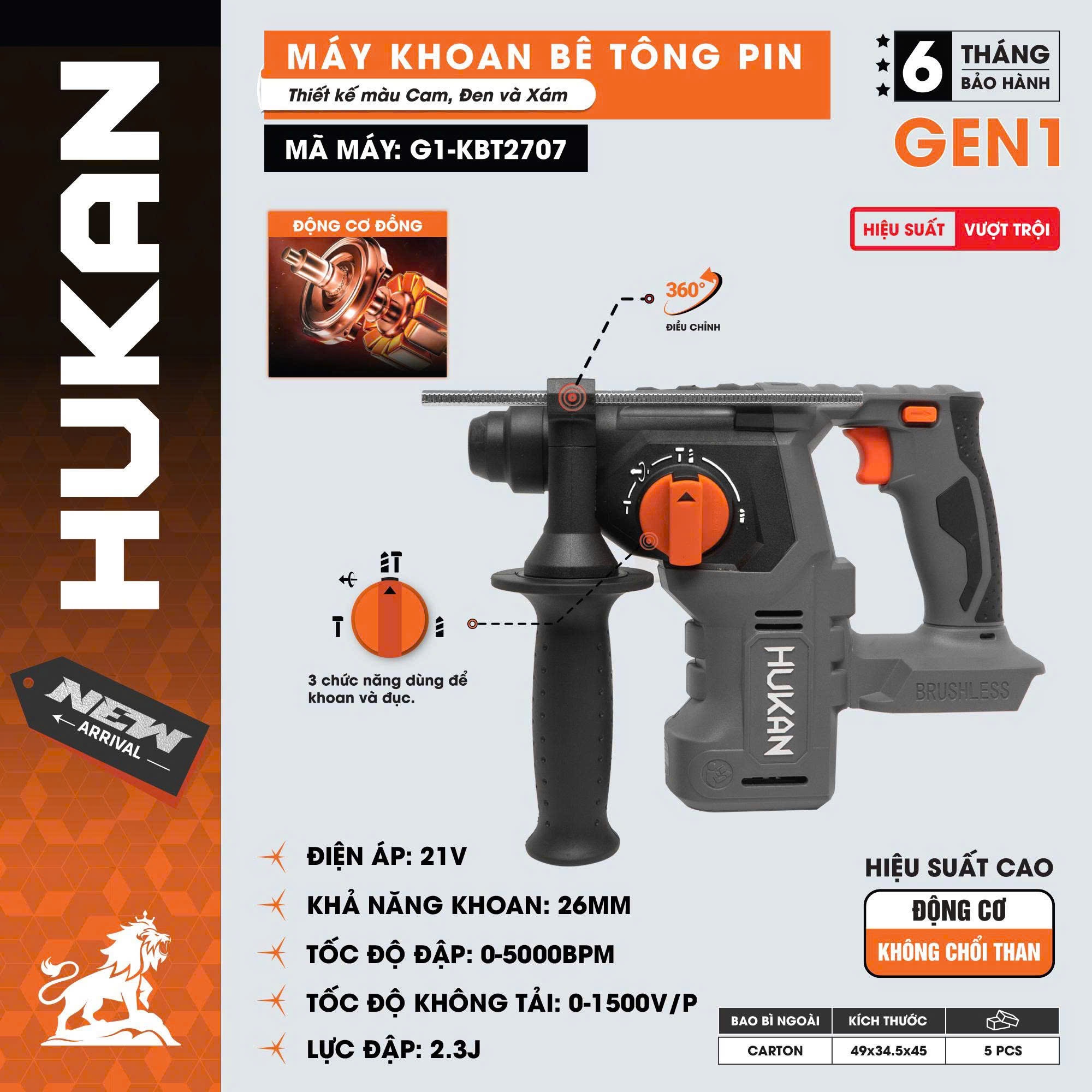 Thân máy khoan bê tông pin (GEN 1) G1-KBT2707 HUKAN
