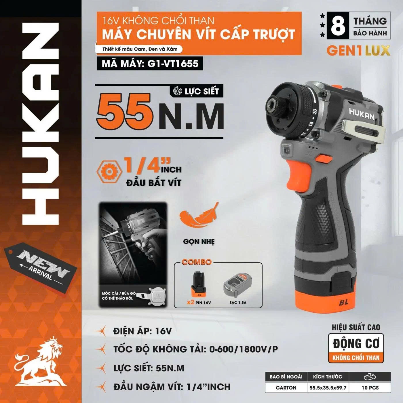 BỘ MÁY CHUYÊN VÍT CẤP TRƯỢT (GEN 1) G1-VT1655 HUKAN