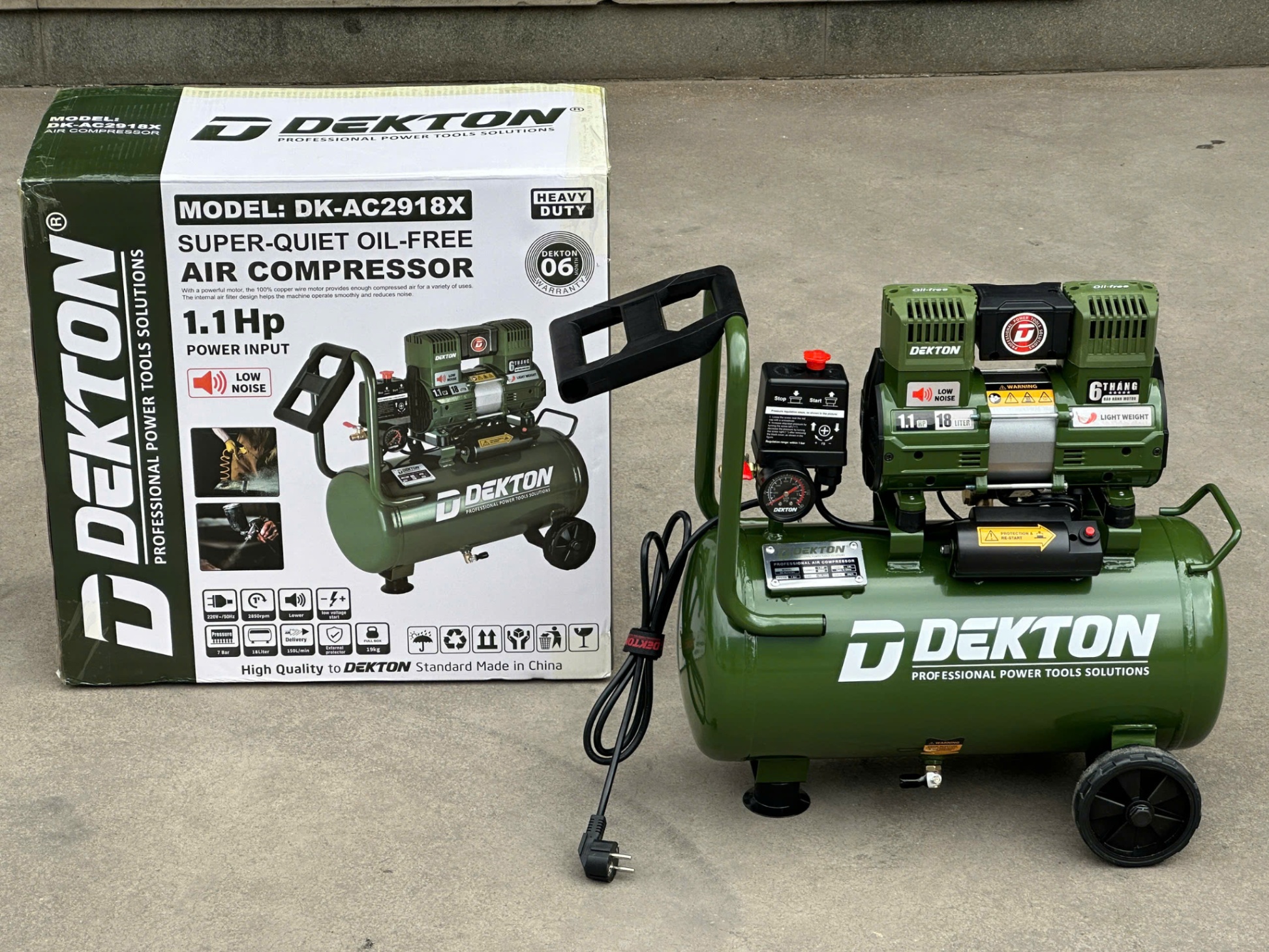 MÁY NÉN KHÍ KHÔNG DẦU 18L DEKTON - CÔNG SUẤT 1.1Hp DK-AC2918X (Màu Olive)