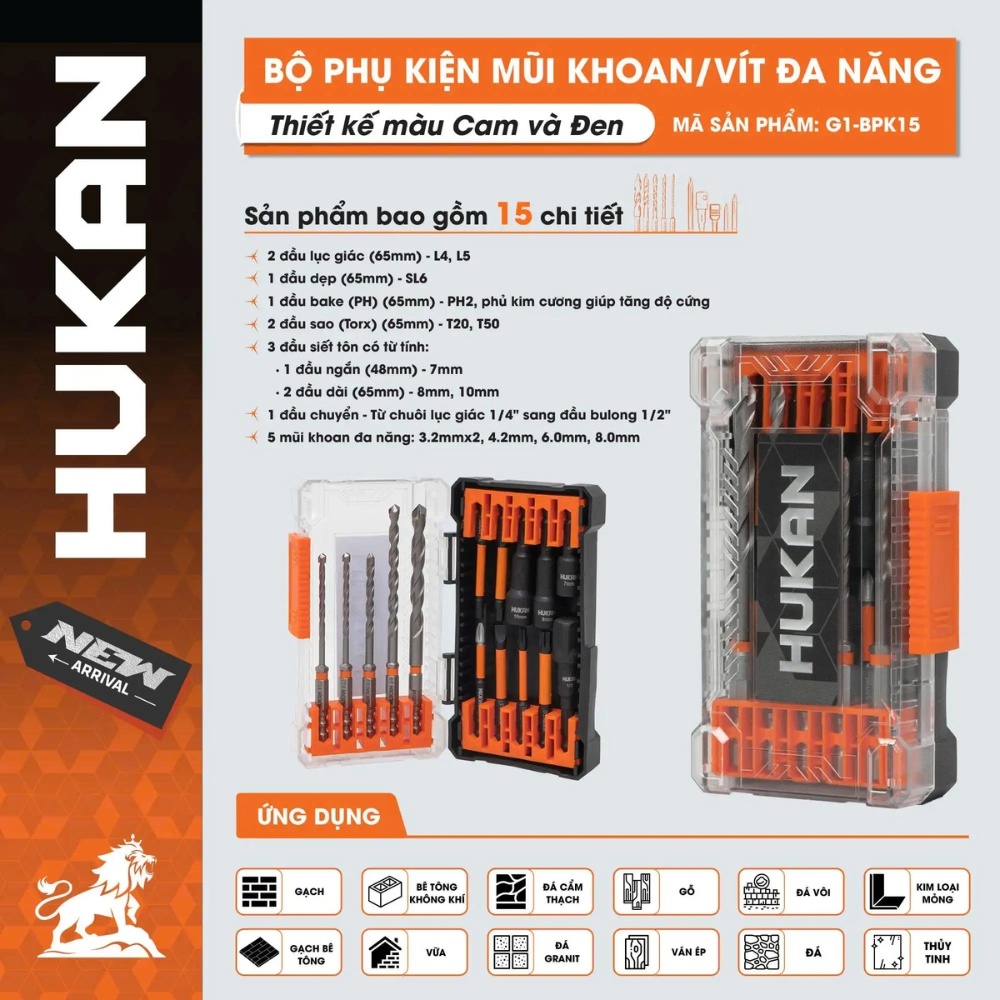 BỘ PHỤ KIỆN MŨI KHOAN/VÍT ĐA NĂNG 15 CHI TIẾT HUKAN G1-BPK015