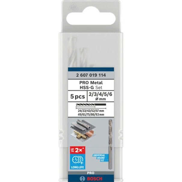 BỘ 5 MŨI KHOAN SẮT BOSCH HSS-G 2/3/4/5/6MM 2607019114