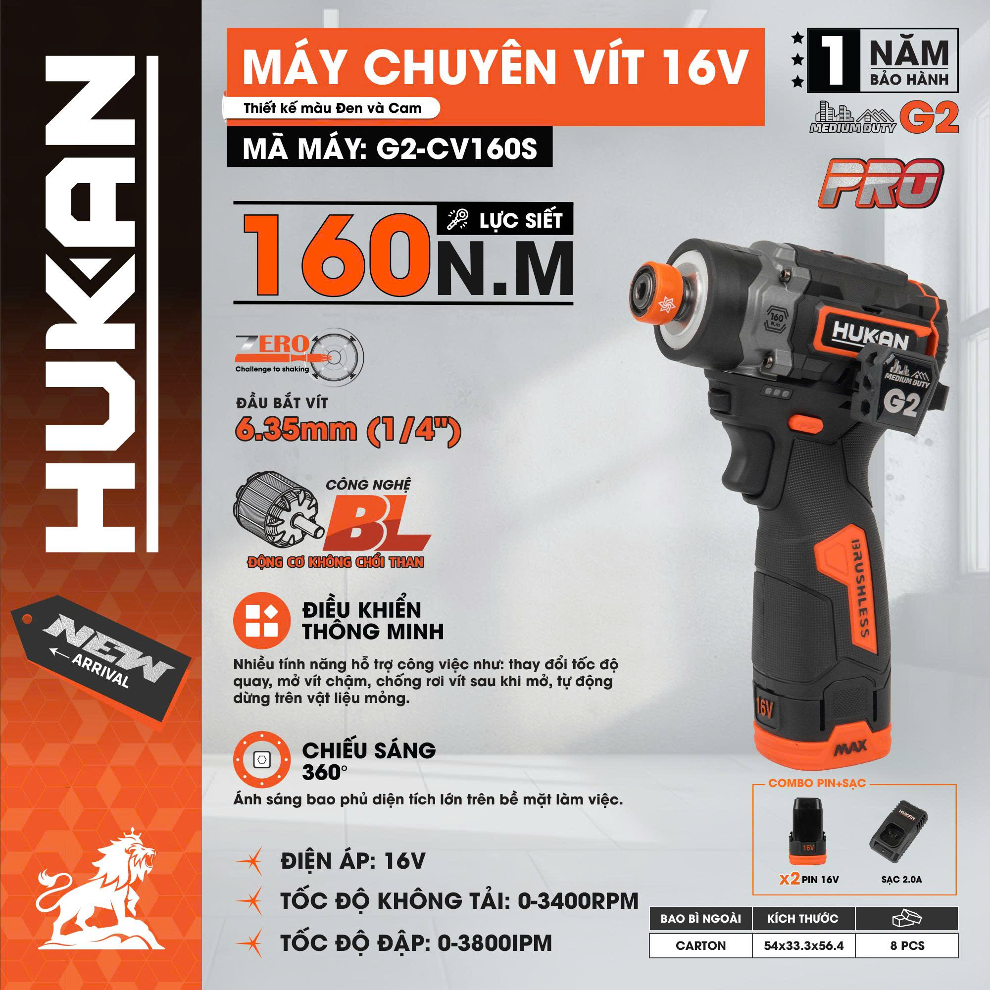 BỘ MÁY CHUYÊN VÍT 160N.M DÙNG PIN HUKAN G2-CV160S (GỒM 2 PIN, 1 SẠC)