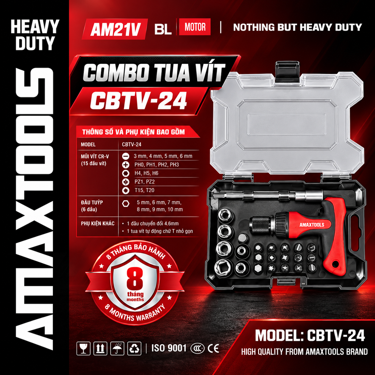 BỘ TUA VÍT CHỮ T 24 CHI TIẾT ĐA NĂNG AMAXTOOLS CBTV-24