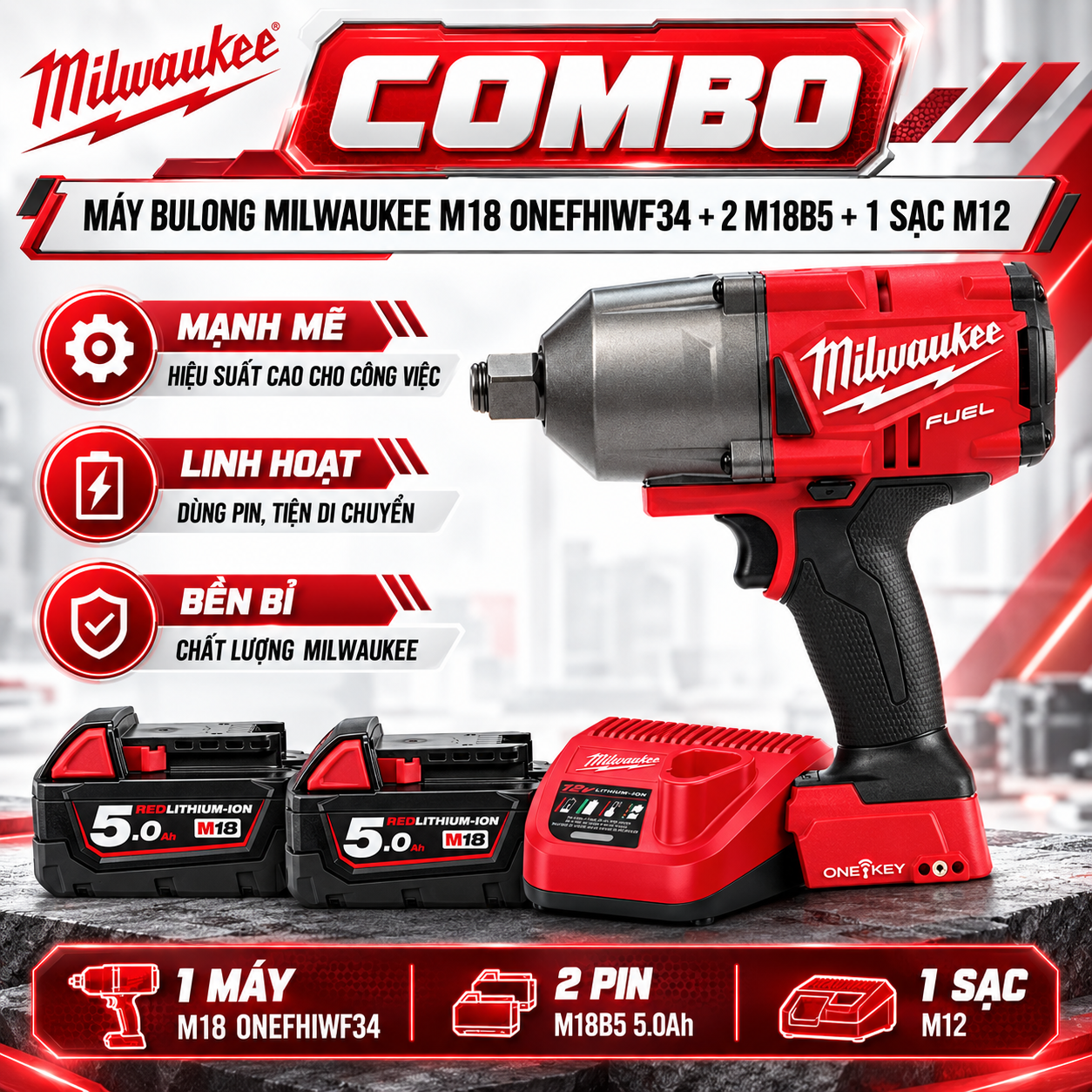 COMBO MÁY BULONG MILWAUKEE M18 ONEFHIWF34 + 2 M18B5 + 1 SẠC M12-