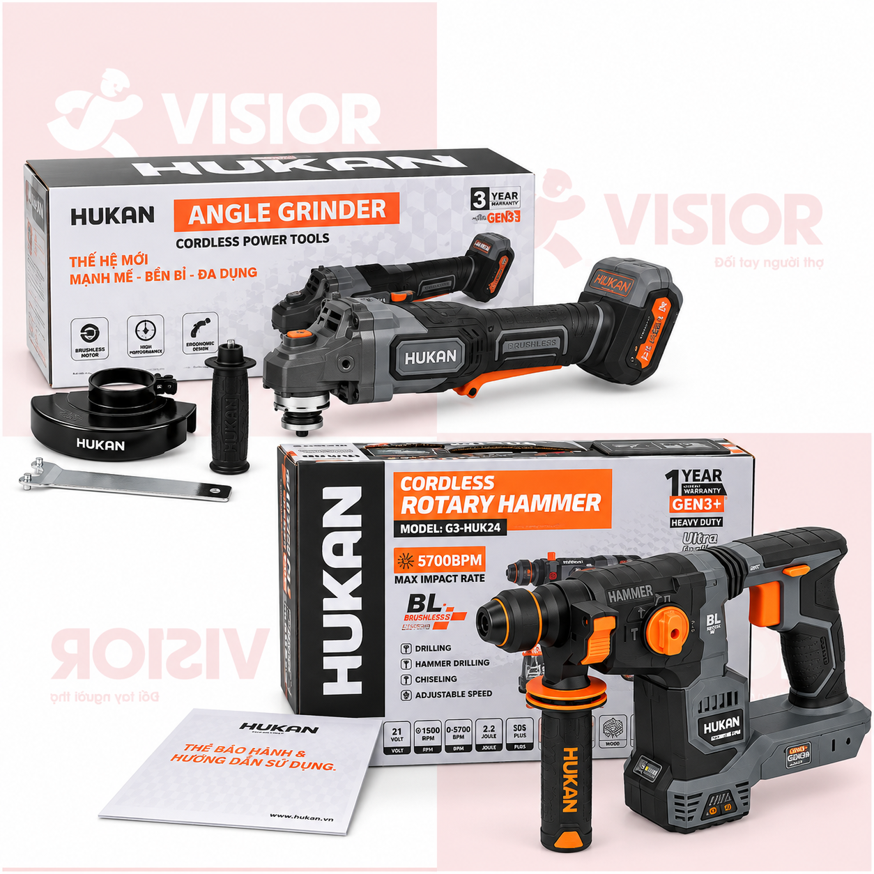 COMBO MÁY KHOAN PIN 3 CHỨC NĂNG HUKAN G3-HUK24 TẶNG THÂN MÁY MÀI G1-AG5900BL