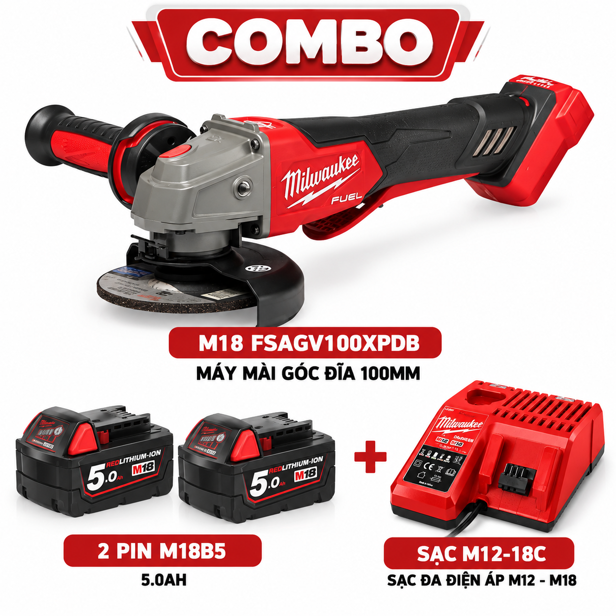 COMBO MÁY MÀI GÓC ĐĨA 100MM MILWAUKEE M18 FSAGV100XPDB + 2 PIN M18B5 + 1 SẠC M12-18C