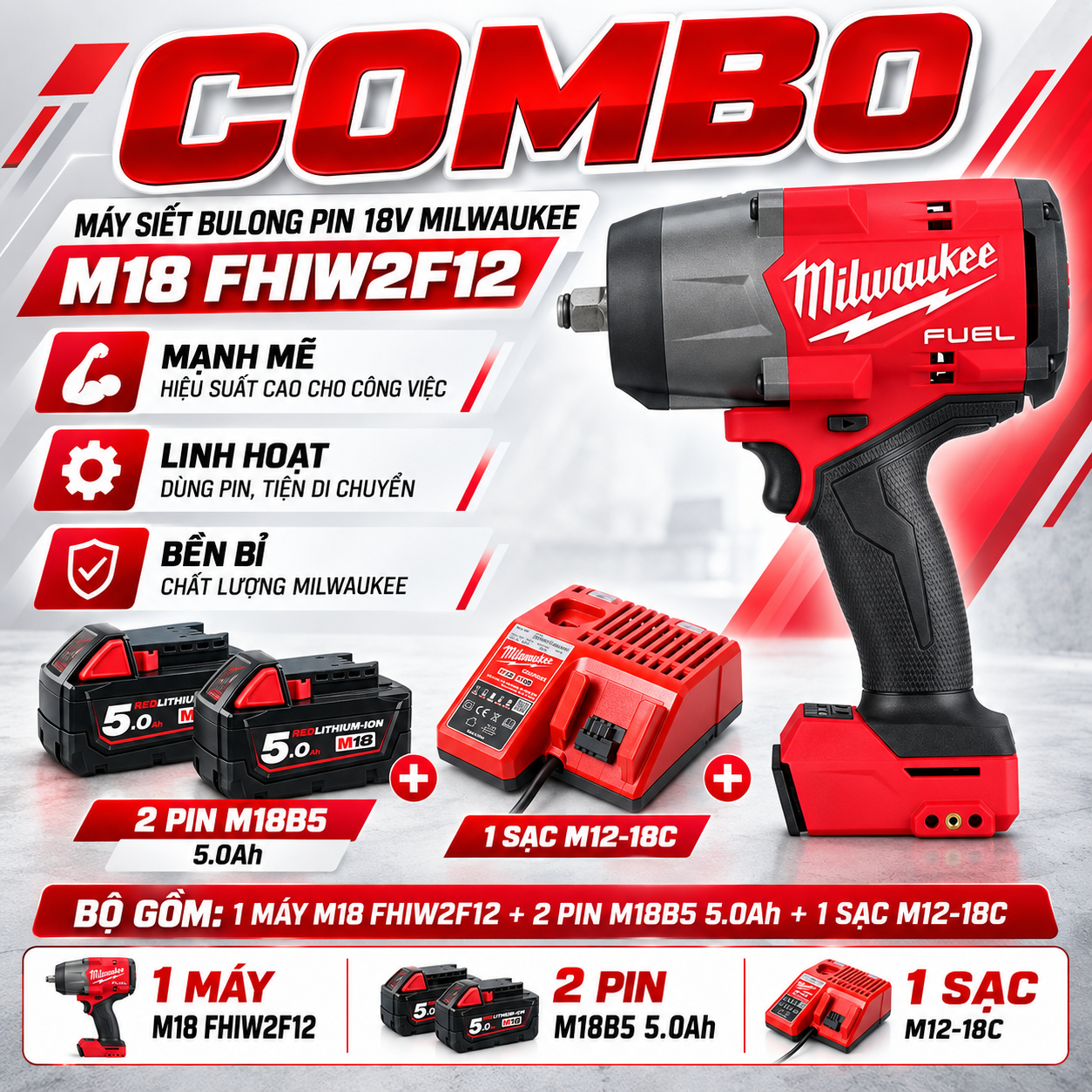 COMBO MÁY SIẾT BULONG PIN 18V MILWAUKEE M18 FHIW2F12 + 2 M18B5 + M12-18C
