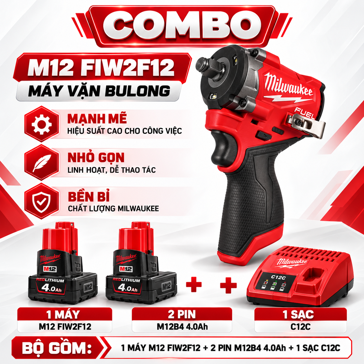 COMBO MÁY VẶN BULONG MILWAUKEE M12 FIW2F12 - 2 PIN M12B4 - 1 SẠC C12C