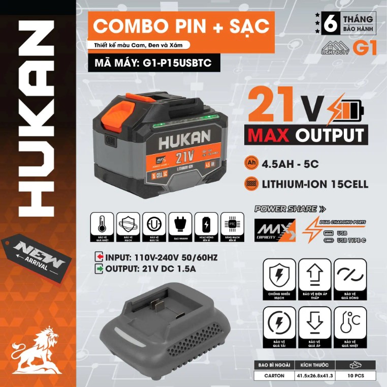 COMBO PIN SẠC 15 CELL 21V 4.5AH HUKAN G1-P15USBTC