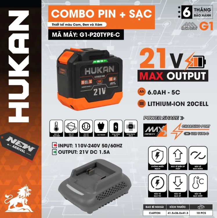 COMBO PIN & SẠC 20 CELL 21V 6.0AH HUKAN G1-P20TYPE-C