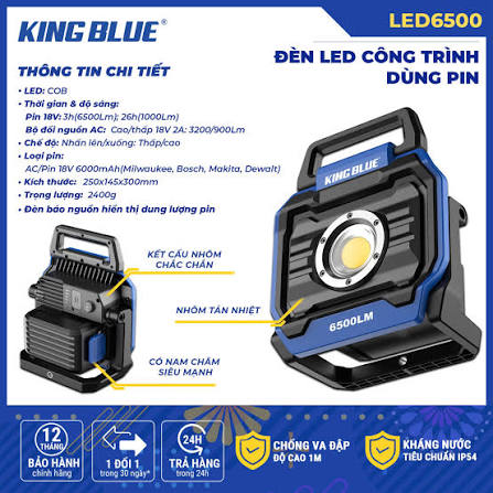 ĐÈN LED CÔNG TRÌNH DÙNG PIN LED6500 KINGBLUE