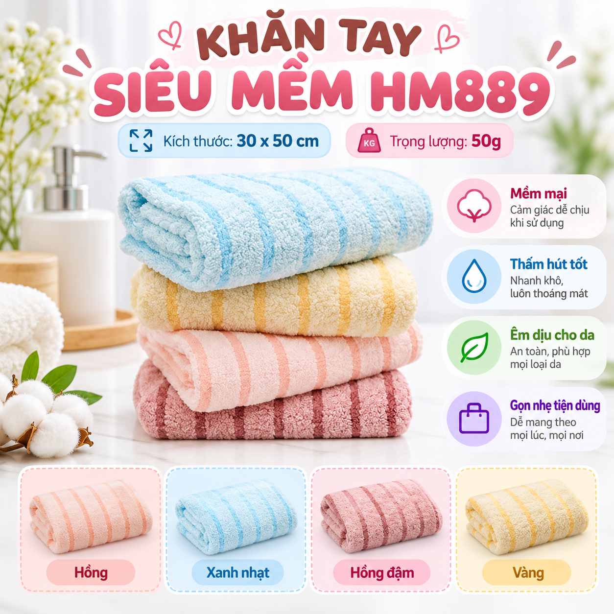 Khăn tay siêu mềm HM889 30x50cmx50g