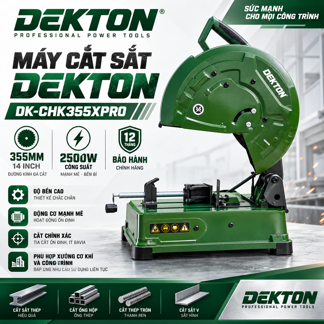 MÁY CẮT SẮT LƯỠI HỢP KIM TUA CHẬM 355MM DEKTON DK-CHK355XPRO