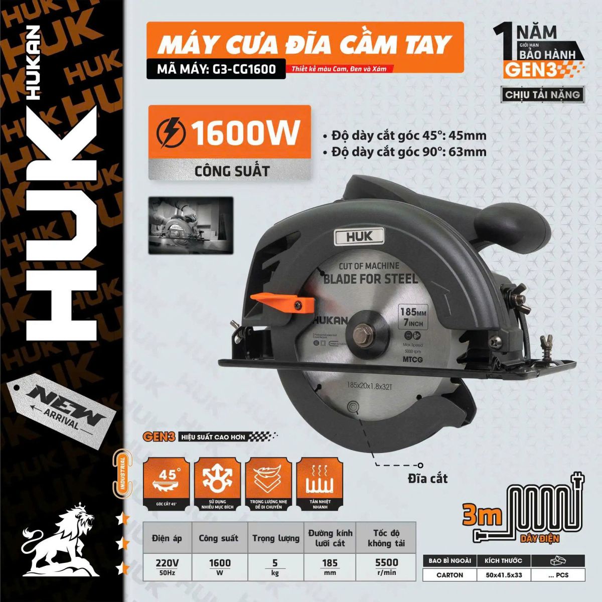 MÁY CƯA ĐĨA CẦM TAY (GEN 3) HUKAN G3-CG1600