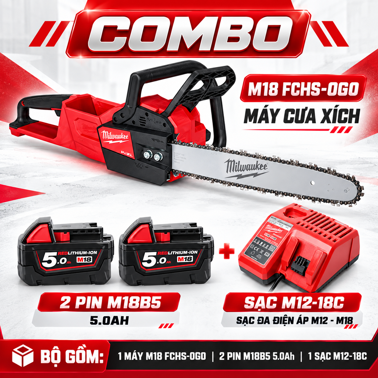 MÁY CƯA XÍCH M18 FCHS-0G0 (BARE) MILWAUKEE + 2 PIN M18B5 +1 SẠC M12-18C