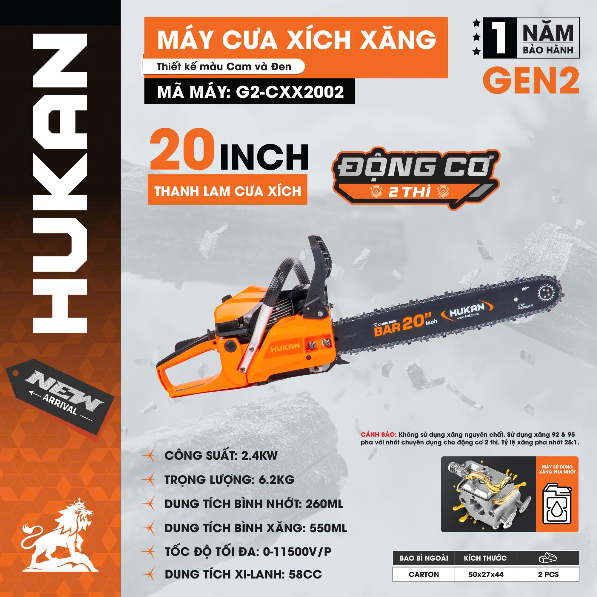 MÁY CƯA XÍCH XĂNG ĐỘNG CƠ 2 THÌ 58CC HUKAN G2-CXX2002