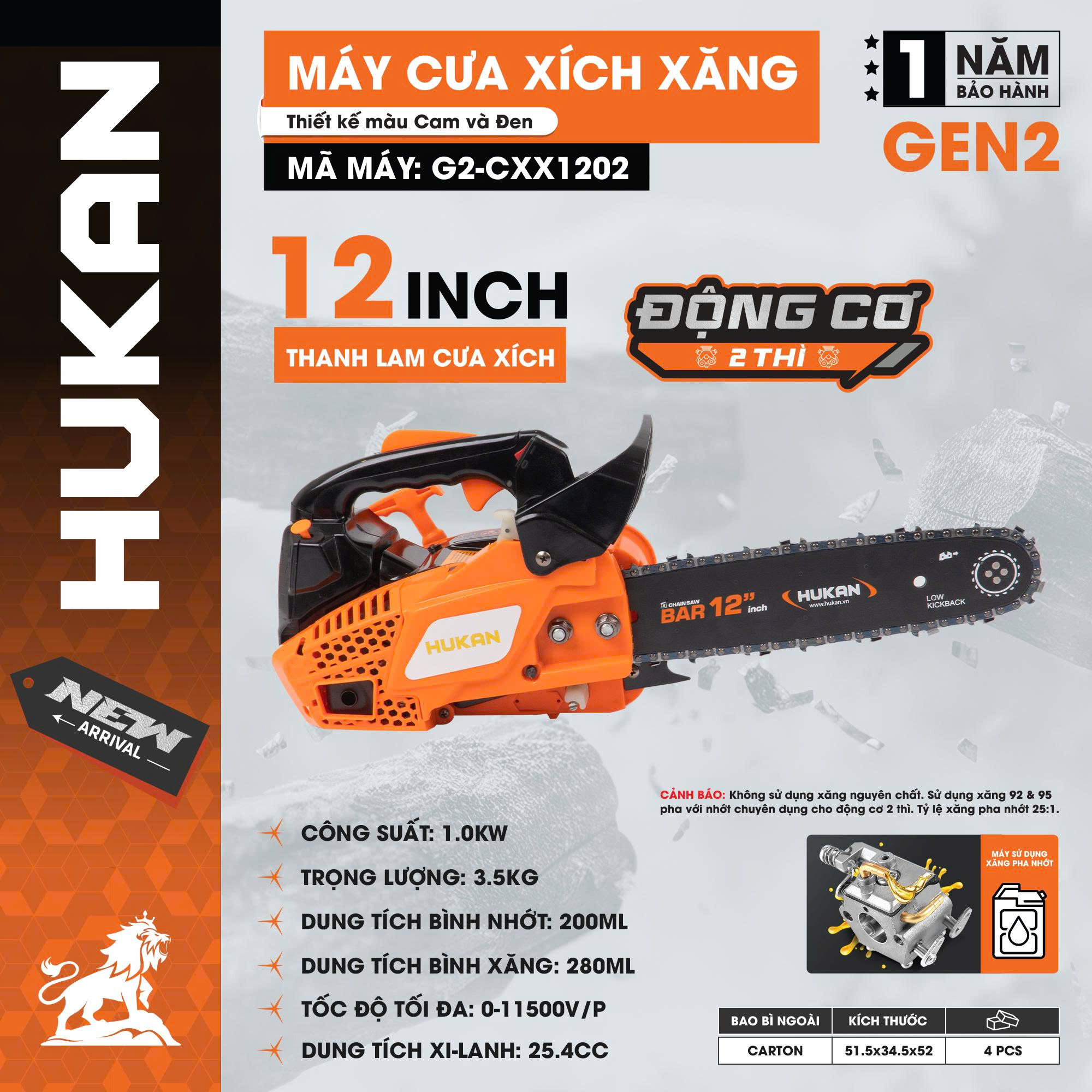MÁY CƯA XÍCH XĂNG ĐỘNG CƠ 2 THÌ 25.4 CC HUKAN G2-CXX1202
