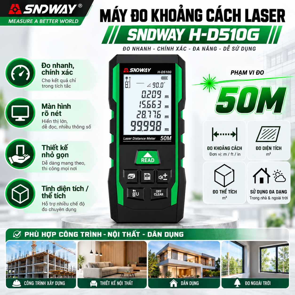 MÁY ĐO KHOẢNG CÁCH LASER 50M TIA XANH SNDWAY H-D510G