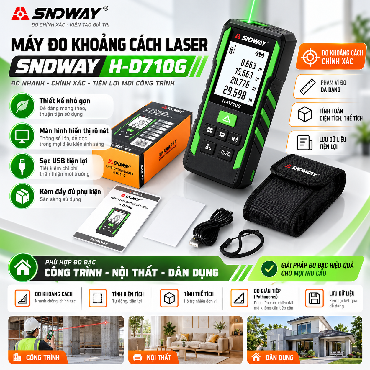 MÁY ĐO KHOẢNG CÁCH LASER 70M TIA XANH SNDWAY H-D710G