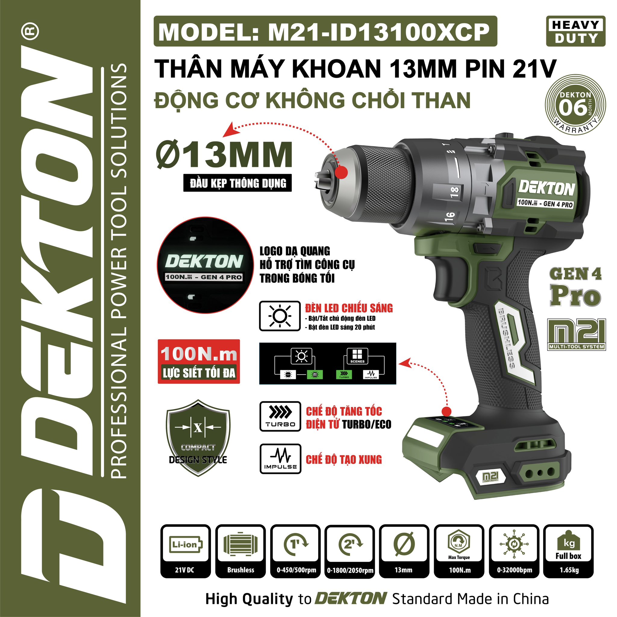 MÁY KHOAN 3 CHỨC NĂNG 100N.M DÙNG PIN 21V DEKTON ID13100XCP (XANH OLIU)