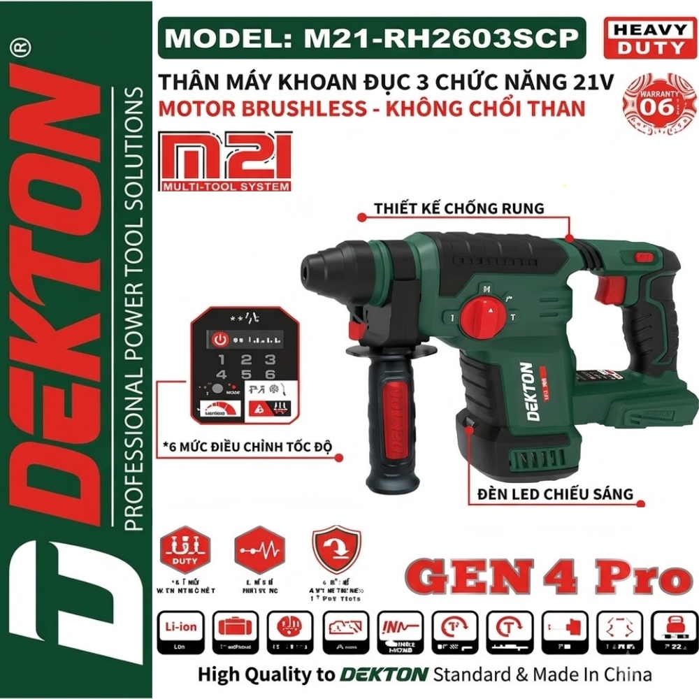 MÁY KHOAN BÊ TÔNG 3 CHỨC NĂNG DÙNG PIN 21V DEKTON M21-RH2603SCP