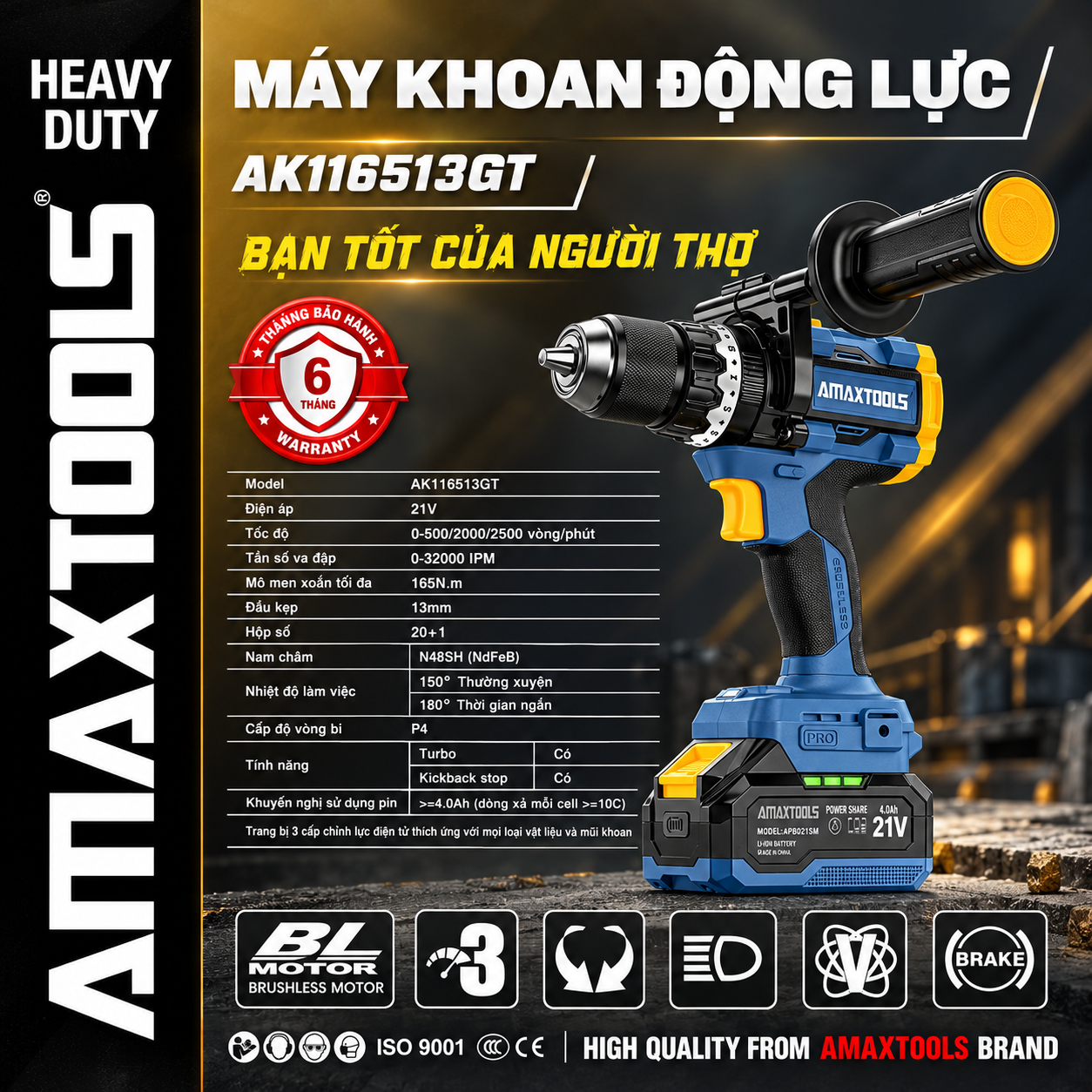 MÁY KHOAN ĐỘNG LỰC 165N.M DÙNG PIN AMAXTOOLS AK116513GT