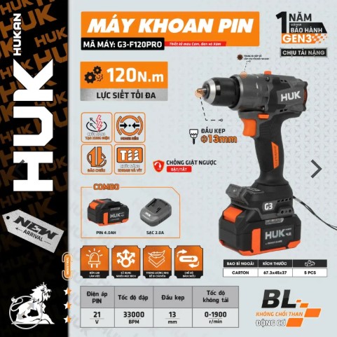 MÁY KHOAN PIN 21V GEN 3 KHÔNG CHỔI THAN HUKAN G3-F120PRO (1 PIN, 1 SẠC)