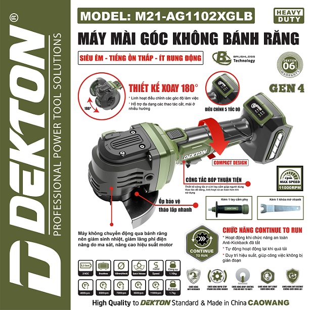 MÁY MÀI 100MM CẦM TAY DÙNG PIN 21V DEKTON M21-AG1102XGLB
