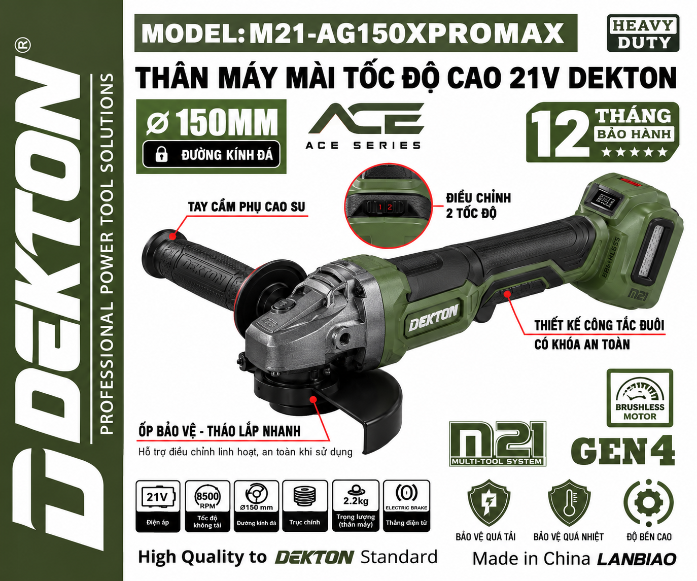 MÁY MÀI 150MM DÙNG PIN 21V DEKTON M21-AG150XPROMAX