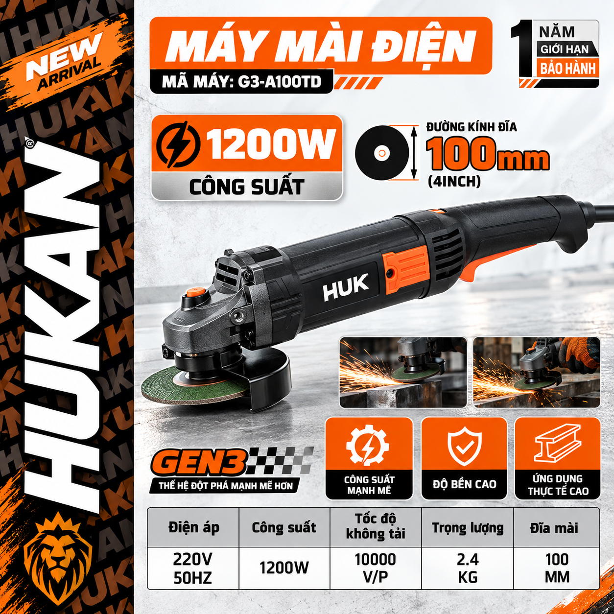 MÁY MÀI GÓC DÙNG ĐIỆN HUKAN G3-A100TD