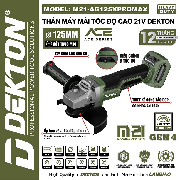 MÁY MÀI GÓC DÙNG PIN 21V 125MM DEKTON M21-AG125XPROMAX (CHƯA PIN & SẠC)