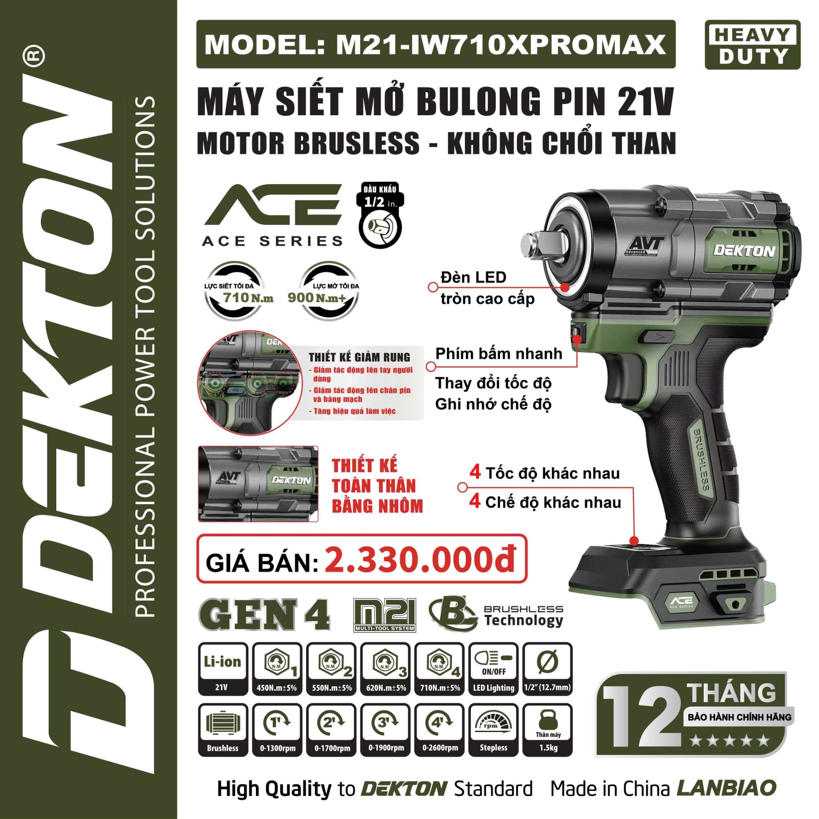 MÁY MỞ BULONG 710N.M DÙNG PIN 21V DEKTON M21-IW710XPROMAX