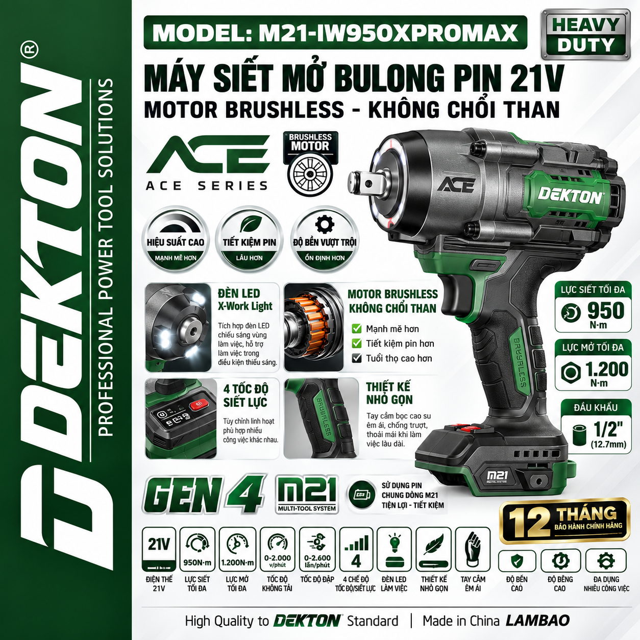 MÁY MỞ BULONG 950N.M DÙNG PIN 21V DEKTON M21-IW950XPROMAX