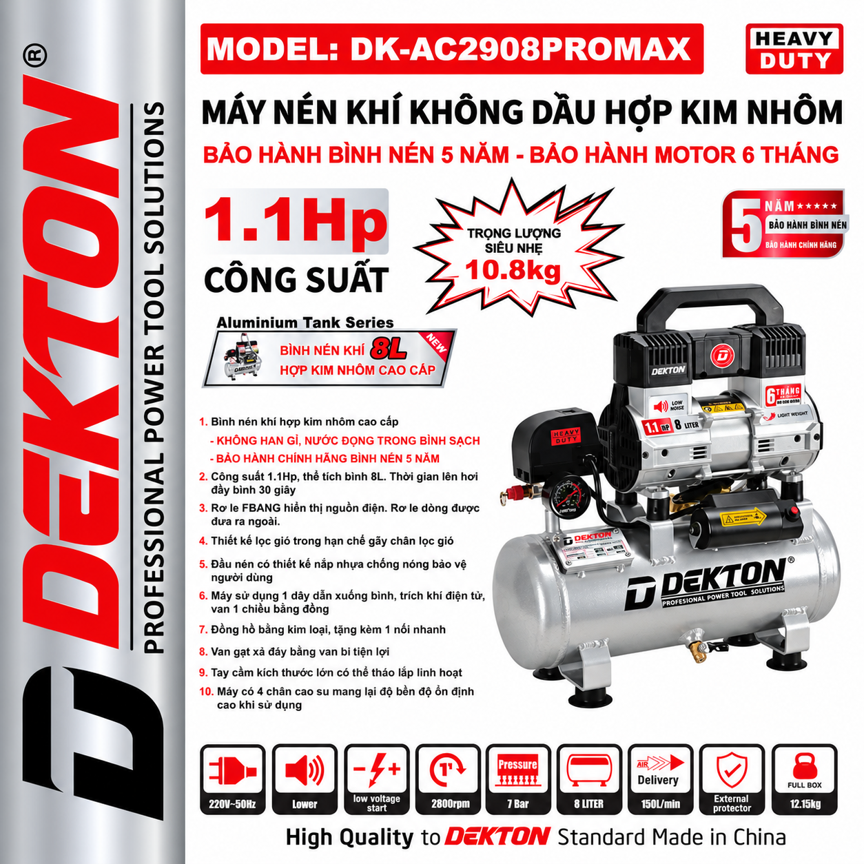 MÁY NÉN KHÍ KHÔNG DẦU 10 LÍT BÌNH NHÔM DEKTON DK-AC2908PROMAX