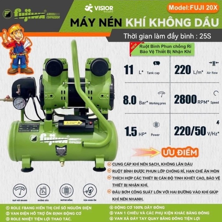 MÁY NÉN KHÍ KHÔNG DẦU 1.5HP 11L FUJIWA FUJI 20X