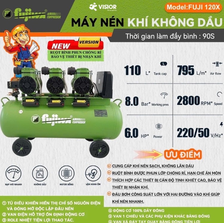 MÁY NÉN KHÍ KHÔNG DẦU 120L FUJIWA FUJI 120X