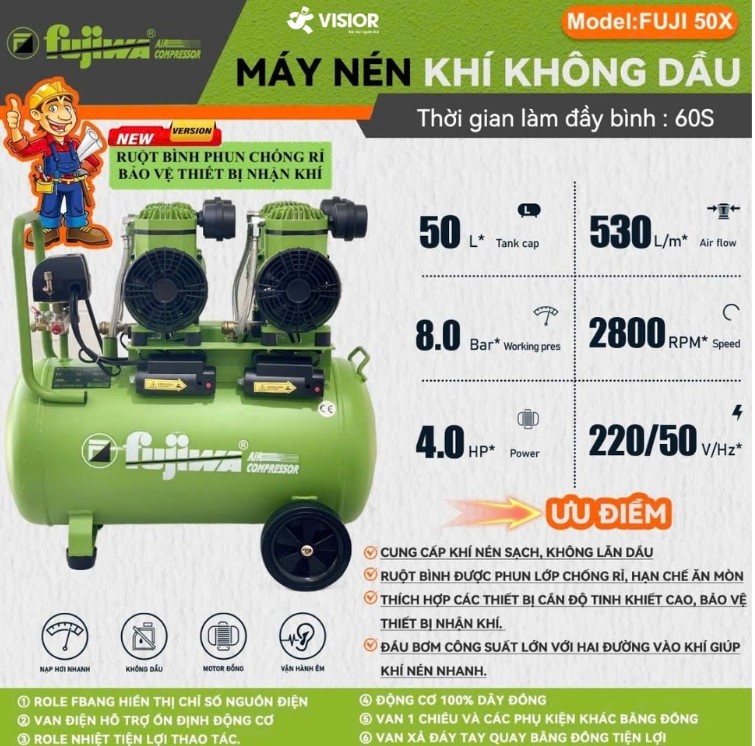 MÁY NÉN KHÍ KHÔNG DẦU 4HP 220V 50L FUJIWA FUJI 50X