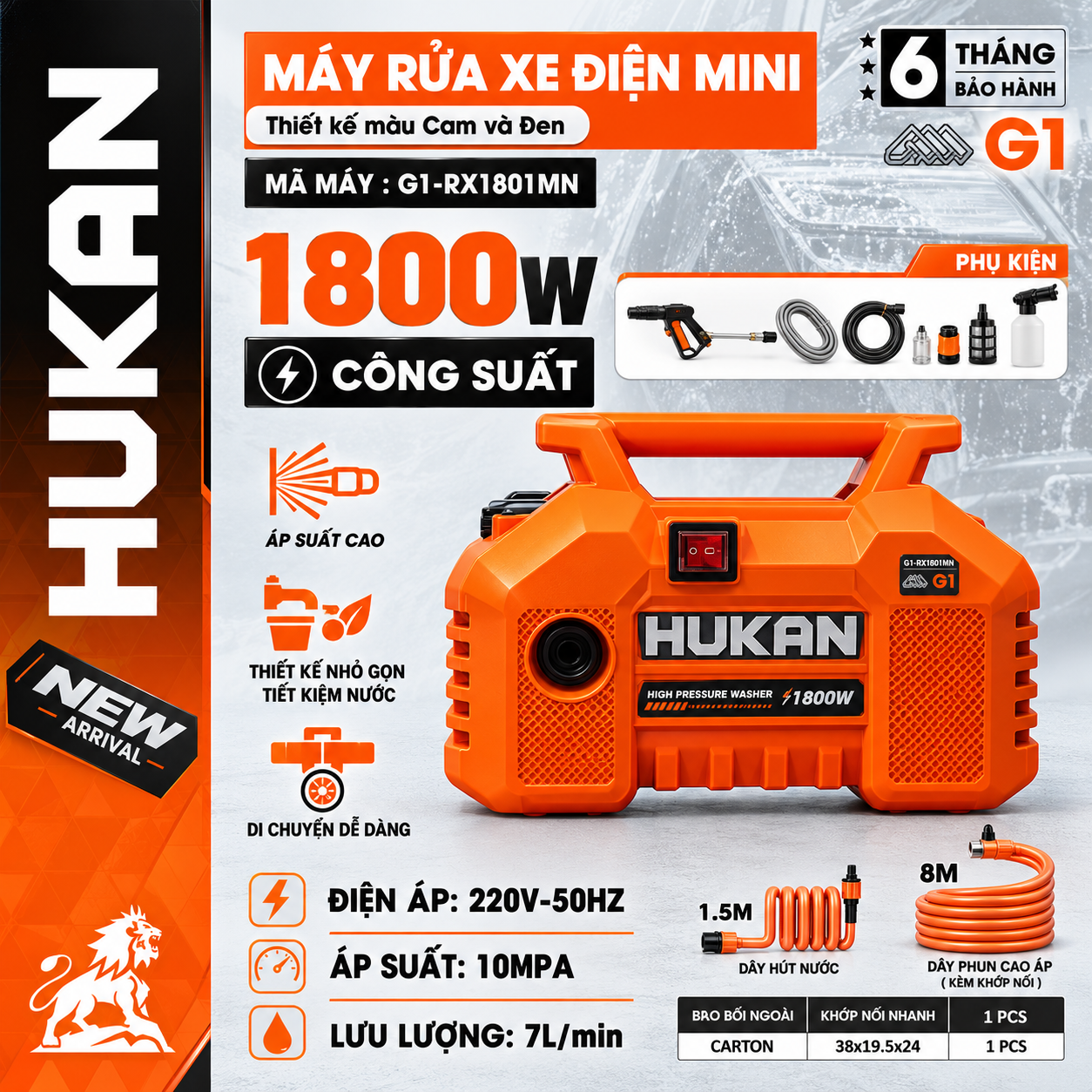 MÁY RỬA XE MINI DÙNG ĐIỆN HUKAN 1800W G1-RX1801MN