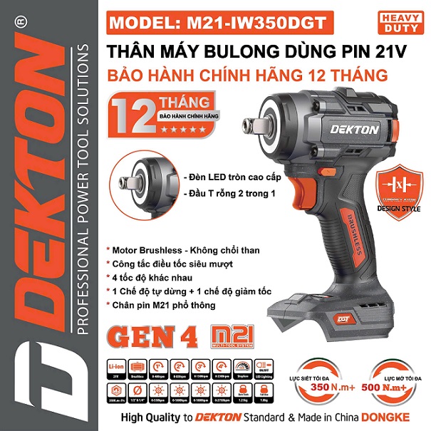 MÁY SIẾT BULONG 350N.M DÙNG PIN 21V DEKTON M21-IW350DGT (XANH/XÁM)
