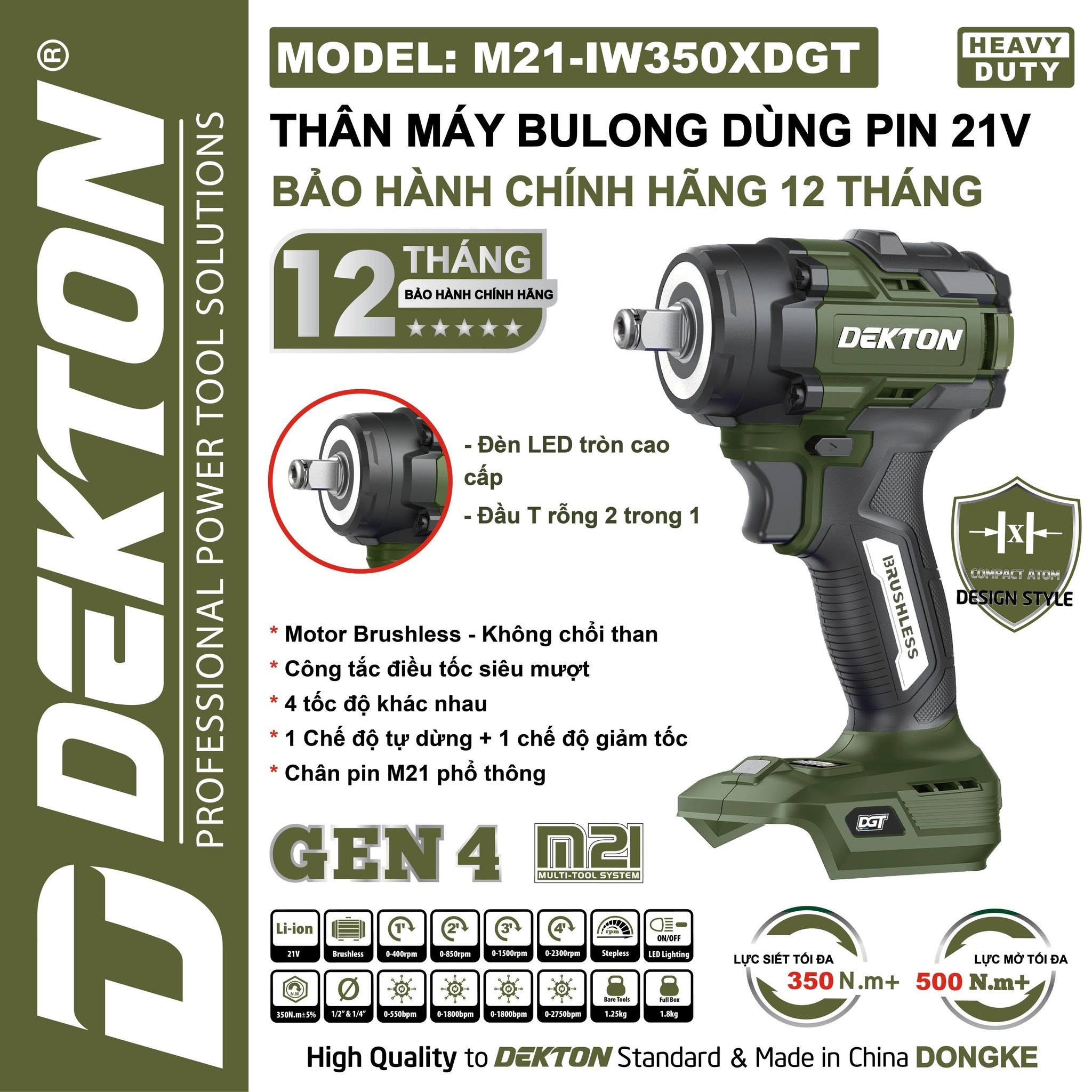 MÁY SIẾT BULONG 350N.M DÙNG PIN 21V DEKTON M21-IW350XDGT