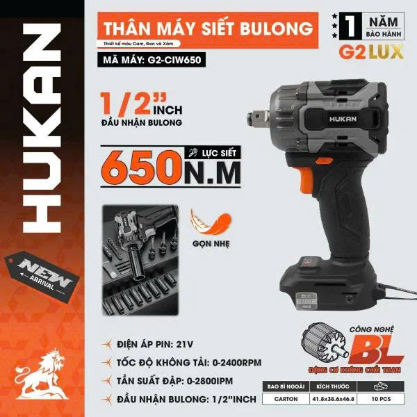 MÁY VẶN BULONG DÙNG PIN HUKAN G2-CIW650 (Chưa Pin & Sạc)