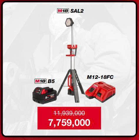 Q3/2025 NPD COMBO MILWAUKEE ĐÈN THÁP ĐA NĂNG M18 SAL2 - PIN M18B5 - SẠC M12-18FC