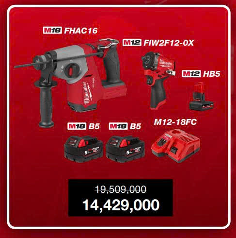 Q3/2025 NPD COMBO MILWAUKEE MÁY KHOAN BÊ TÔNG M18 FHAC16 - MÁY VẶN BULONG M12 FIW2F12 - PIN M12 HB5 - 2 PIN M18B5 - SẠC NHANH M12-18FC