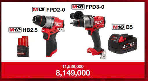 Q3/2025 SP COMBO MILWAUKEE MÁY KHOAN M12 FPD2 - MÁY KHOAN M18 FPD3 HỘP GIẤY - 1 PIN M12 HB2.5 - 1 PIN M18B5